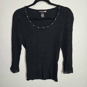Sweaterworks Women's Sz M Embellished Top Ribbed Sleeve Cuff Detail Black Blouse